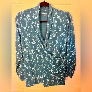 Lands' End Teal Floral Wrap Blouse Size M